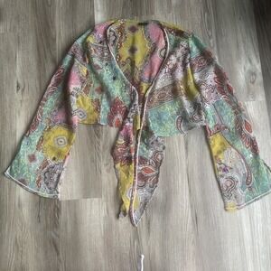 Vintage 80s Tie Front Bell Long Sleeve Blouse Beaded Sheer Crop Top Boho Large